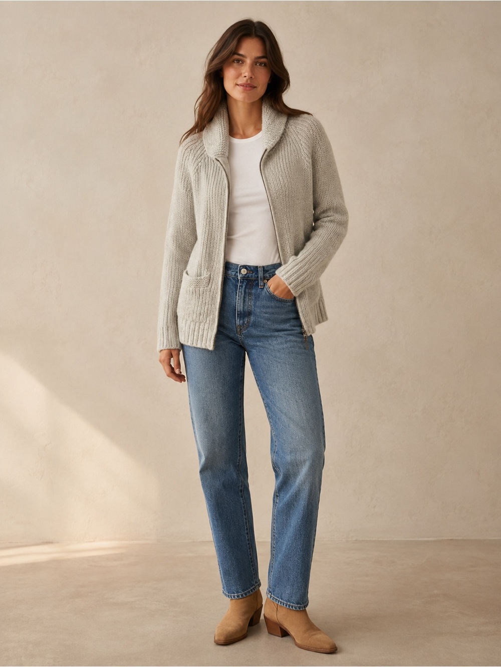 TNA Light Gray Knit Zip Cardigan Sweater | S
